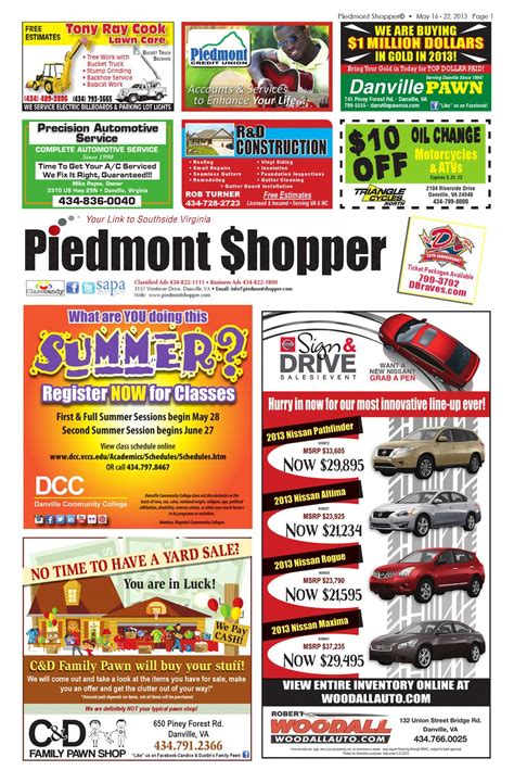 Piedmont shopper yard sales - Piedmont Shopper is a classified ads website for Danville and the surrounding area. Our main classified ad categories are animals for sale, cars for sale, yard sales, rental property and want to buy items.